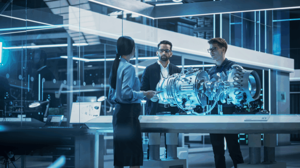 Three people having discussion at work in lab setting.
